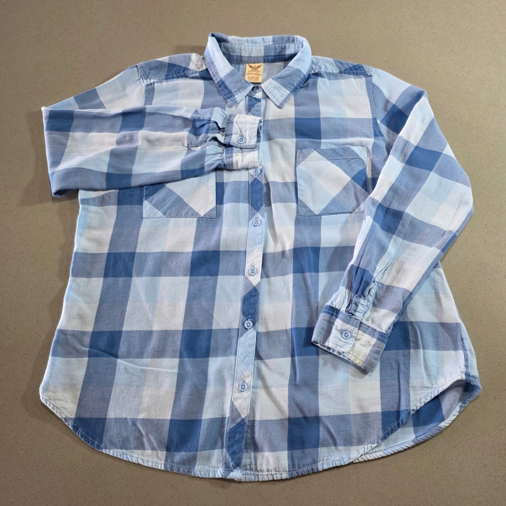 Faded Glory Mens Blue White Buffalo Plaid Cotton Button Down Shirt Large 12-14